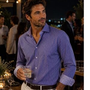 Bugatchi Button Down Shirt Men 15 34/35 Purple Blue Grid Contrast Trim 12383